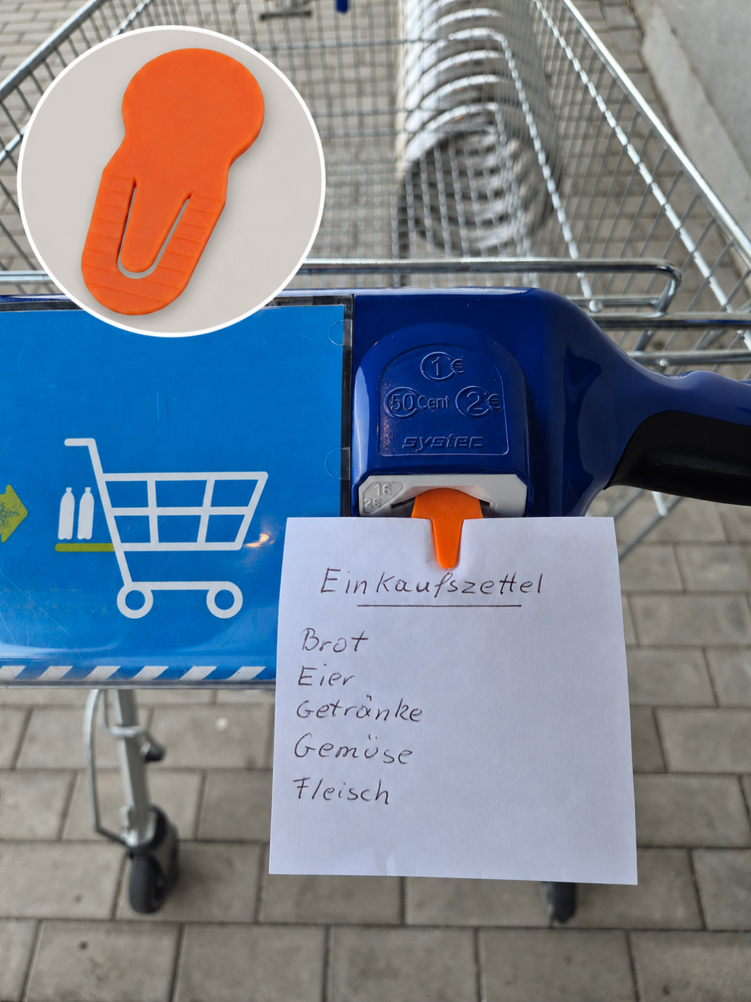 1 eurós méretű bevásárló kocsi érme és lista tartó kulcstartó